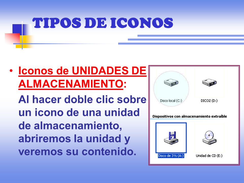 TIPOS DE ICONOS Iconos de UNIDADES DE ALMACENAMIENTO: Al hacer doble clic sobre un icono de una unidad de almacenamiento, abriremos la unidad y veremos su contenido.