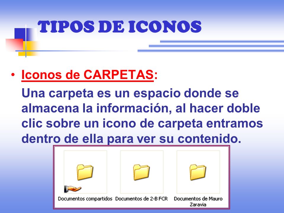 TIPOS DE ICONOS Iconos de CARPETAS: Una carpeta es un espacio donde se almacena la información, al hacer doble clic sobre un icono de carpeta entramos dentro de ella para ver su contenido.