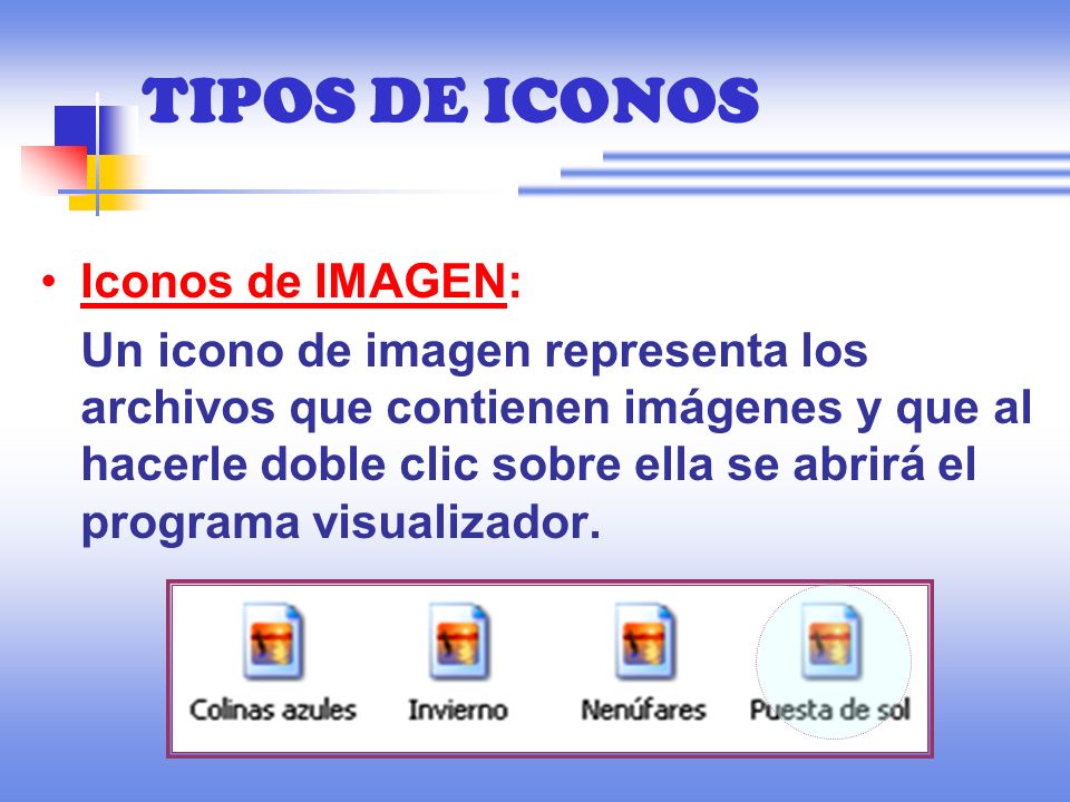 TIPOS DE ICONOS Iconos de IMAGEN: Un icono de imagen representa los archivos que contienen imágenes y que al hacerle doble clic sobre ella se abrirá el programa visualizador.
