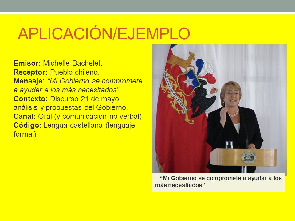 APLICACIÓN/EJEMPLO Mi Gobierno se compromete a ayudar a los más necesitados Emisor: Michelle Bachelet.