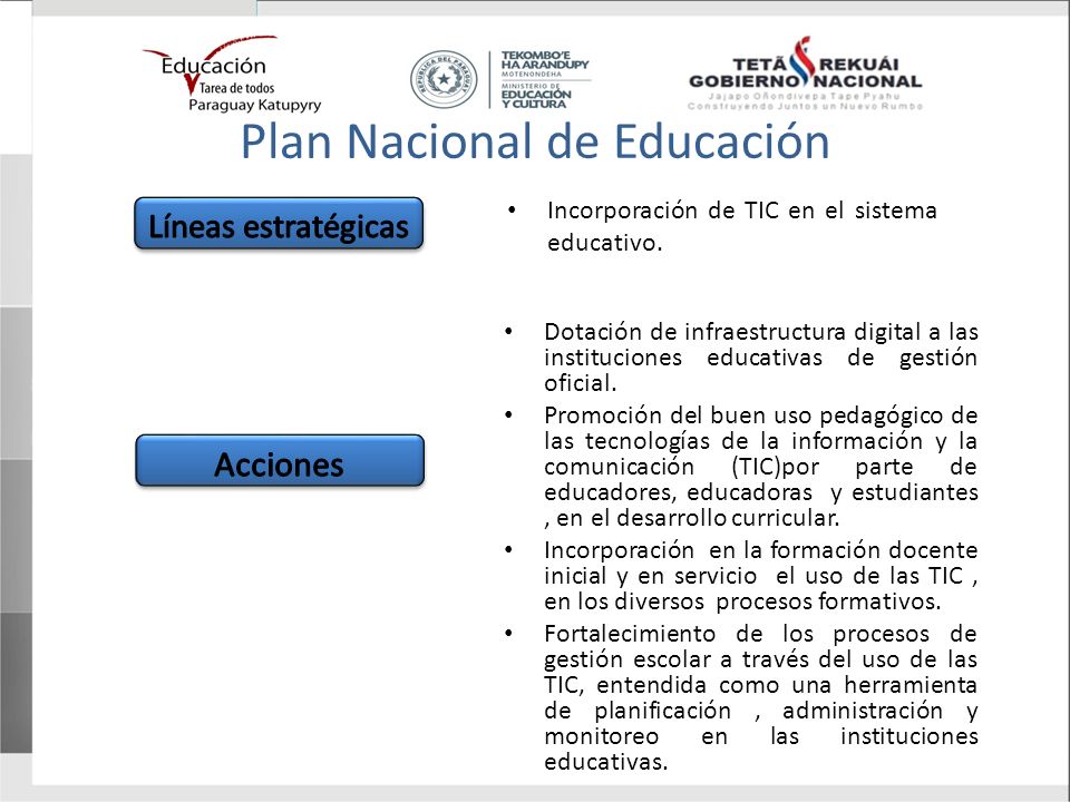 Plan Nacional de Educación Incorporación de TIC en el sistema educativo.