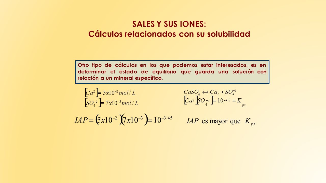 SALES Y SUS IONES: Cálculos relacionados con su solubilidad Otro tipo de cálculos en los que podemos estar interesados, es en determinar el estado de equilibrio que guarda una solución con relación a un mineral específico.
