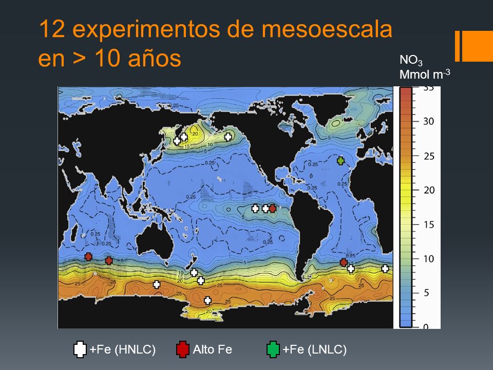 12 experimentos de mesoescala en > 10 años NO 3 Mmol m -3 +Fe (HNLC) Alto Fe +Fe (LNLC)