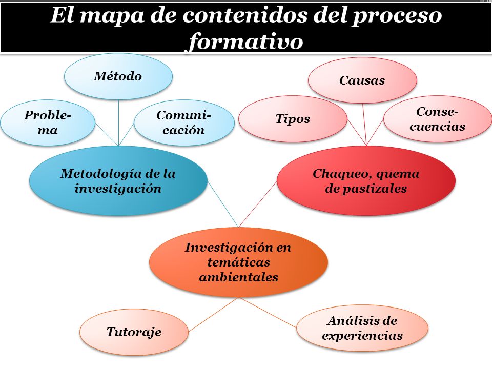 El mapa de contenidos del proceso formativo Metodología de la investigación Chaqueo, quema de pastizales Tipos Causas Conse- cuencias Proble- ma Método Comuni- cación Investigación en temáticas ambientales Tutoraje Análisis de experiencias
