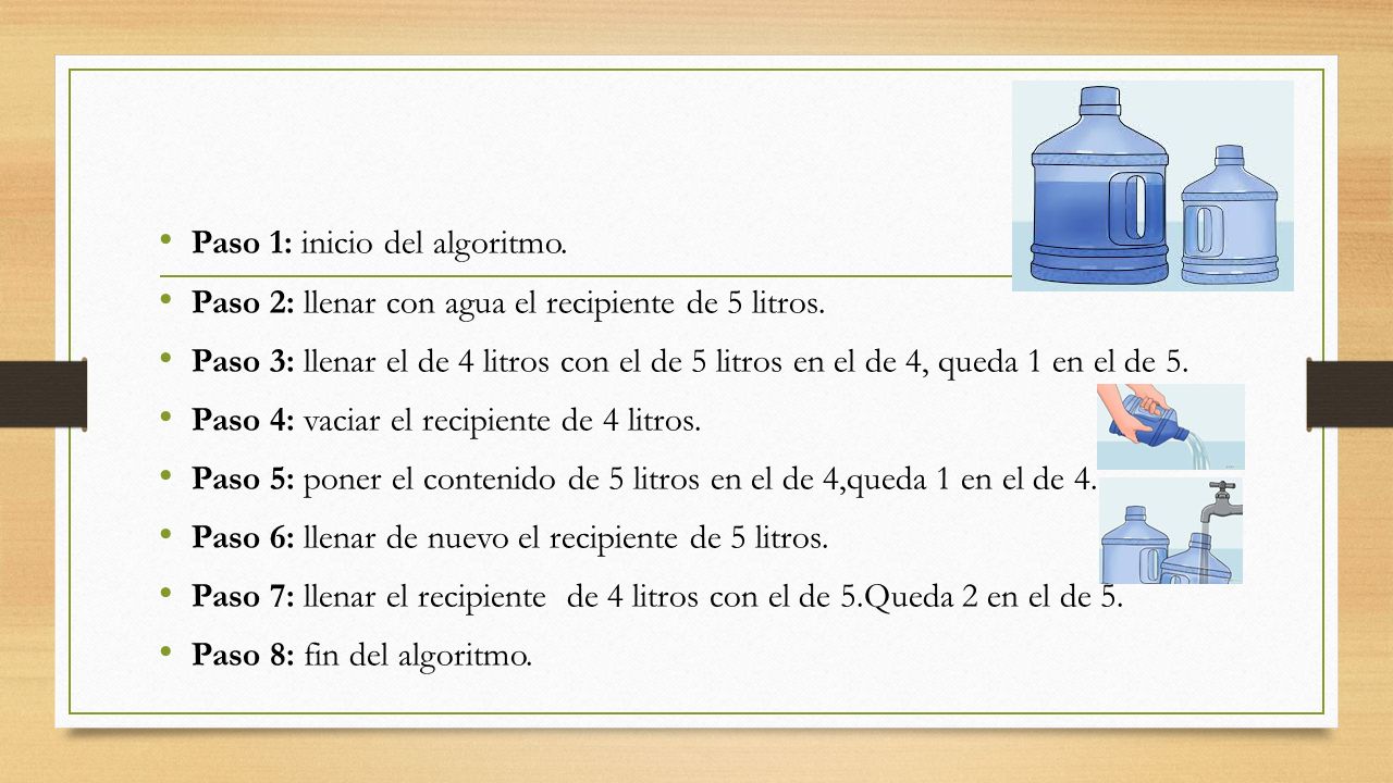 Paso 1: inicio del algoritmo. Paso 2: llenar con agua el recipiente de 5 litros.