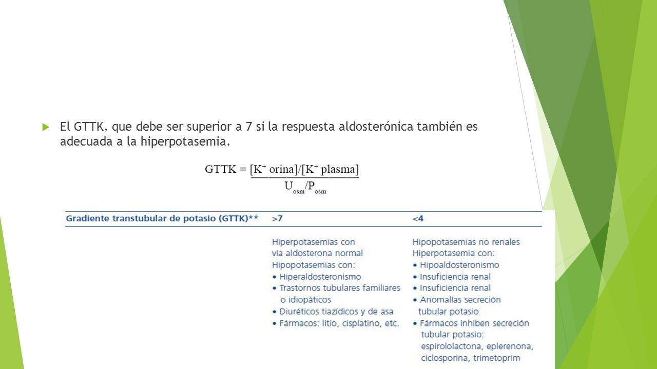  El GTTK, que debe ser superior a 7 si la respuesta aldosterónica también es adecuada a la hiperpotasemia.