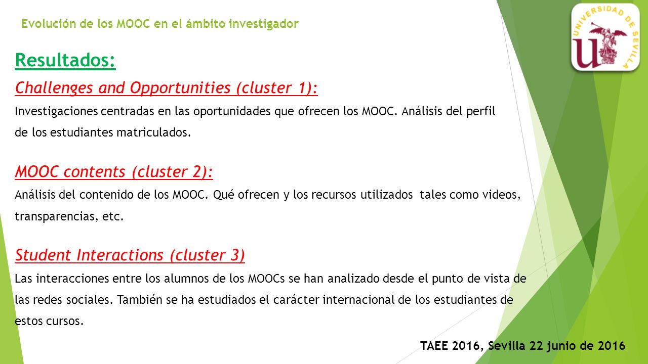 Evolución de los MOOC en el ámbito investigador TAEE 2016, Sevilla 22 junio de 2016 Resultados: Challenges and Opportunities (cluster 1): Investigaciones centradas en las oportunidades que ofrecen los MOOC.