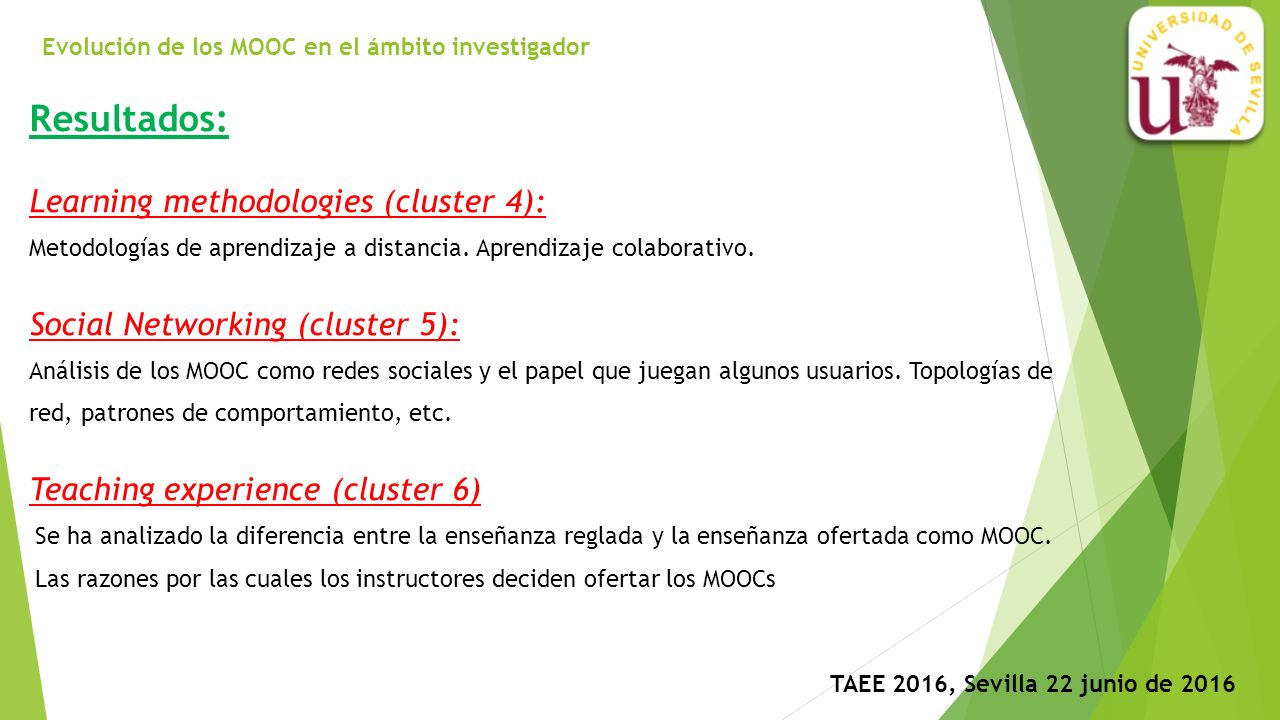 Evolución de los MOOC en el ámbito investigador TAEE 2016, Sevilla 22 junio de 2016 Resultados: Learning methodologies (cluster 4): Metodologías de aprendizaje a distancia.