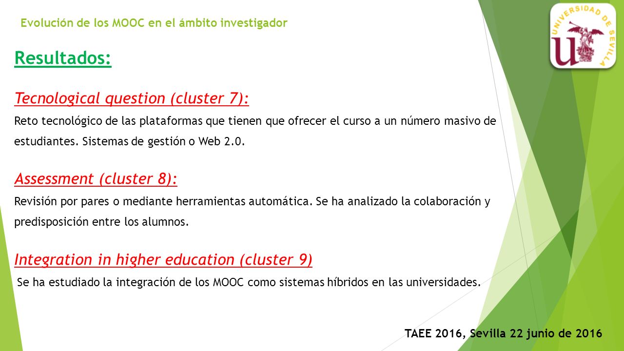 Evolución de los MOOC en el ámbito investigador TAEE 2016, Sevilla 22 junio de 2016 Resultados: Tecnological question (cluster 7): Reto tecnológico de las plataformas que tienen que ofrecer el curso a un número masivo de estudiantes.