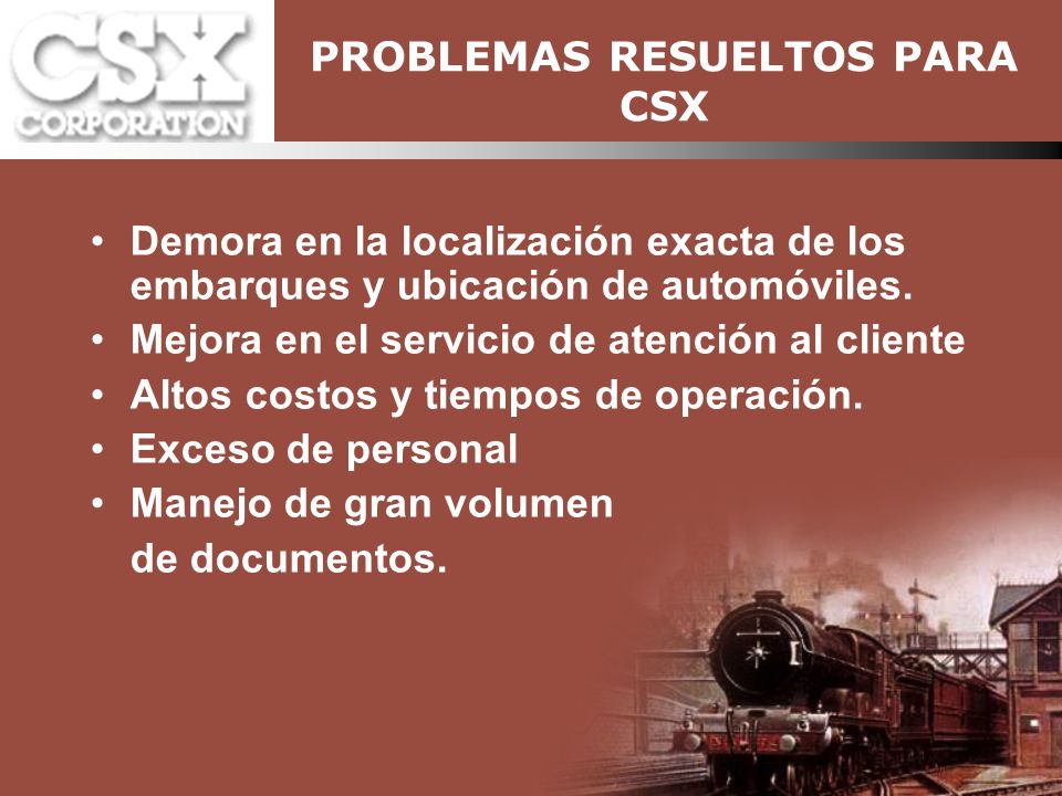 PROBLEMAS RESUELTOS PARA CSX Demora en la localización exacta de los embarques y ubicación de automóviles.