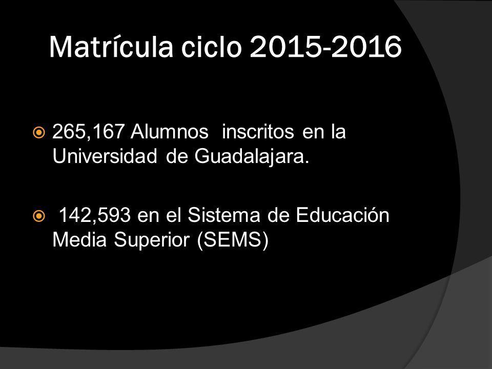 Matrícula ciclo  265,167 Alumnos inscritos en la Universidad de Guadalajara.
