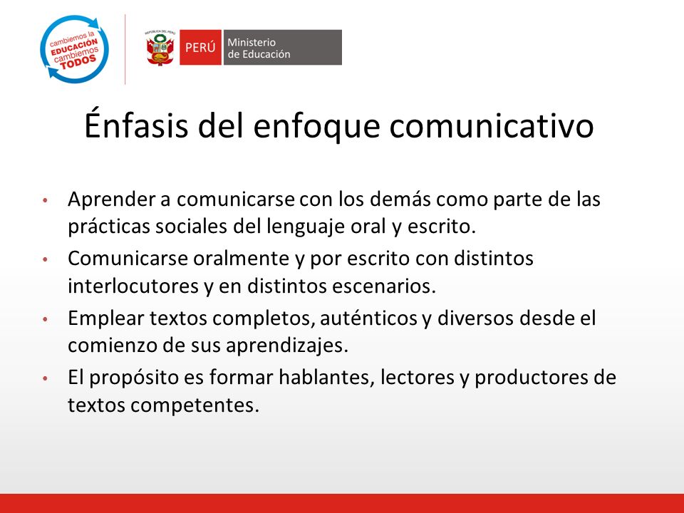 Énfasis del enfoque comunicativo Aprender a comunicarse con los demás como parte de las prácticas sociales del lenguaje oral y escrito.
