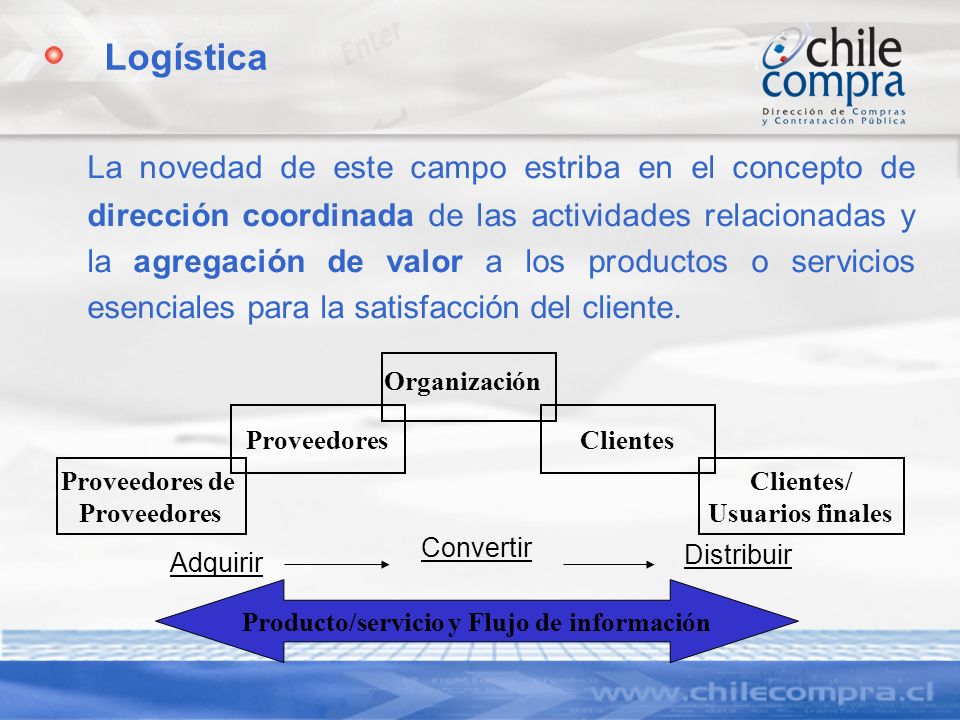 Logística La novedad de este campo estriba en el concepto de dirección coordinada de las actividades relacionadas y la agregación de valor a los productos o servicios esenciales para la satisfacción del cliente.