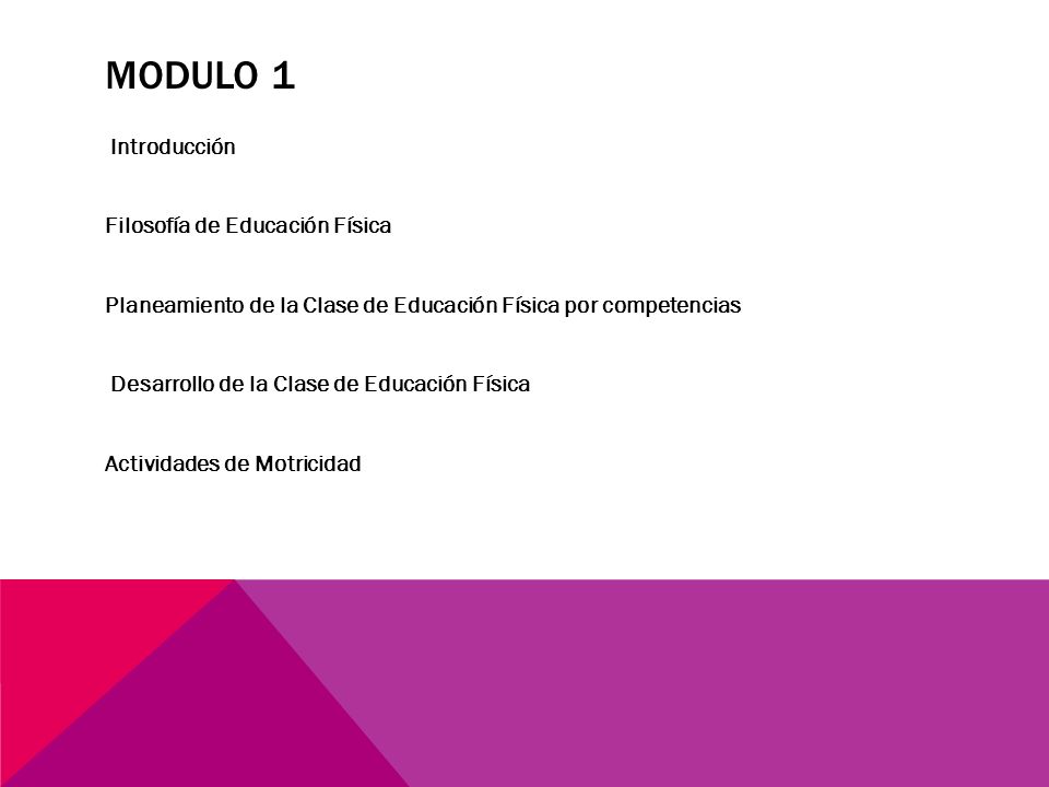 MODULO 1 Introducción Filosofía de Educación Física Planeamiento de la Clase de Educación Física por competencias Desarrollo de la Clase de Educación Física Actividades de Motricidad