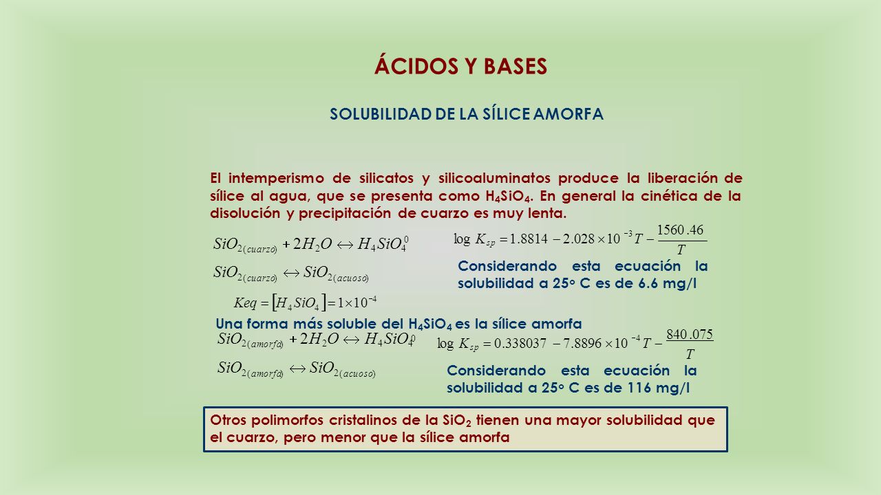 El intemperismo de silicatos y silicoaluminatos produce la liberación de sílice al agua, que se presenta como H 4 SiO 4.