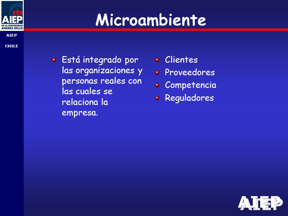 AIEP - CHILE Microambiente Está integrado por las organizaciones y personas reales con las cuales se relaciona la empresa.