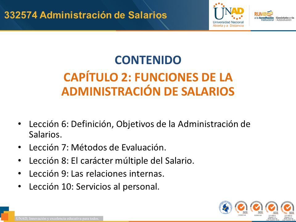 Administración de Salarios CONTENIDO CAPÍTULO 2: FUNCIONES DE LA ADMINISTRACIÓN DE SALARIOS Lección 6: Definición, Objetivos de la Administración de Salarios.