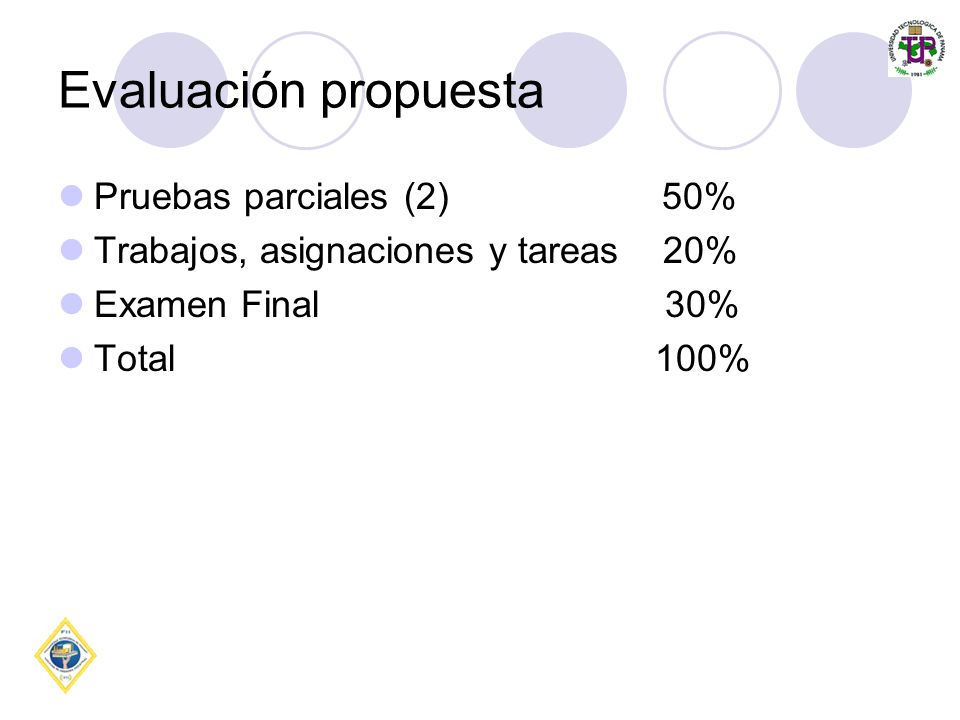 Evaluación propuesta Pruebas parciales (2) 50% Trabajos, asignaciones y tareas 20% Examen Final 30% Total 100%