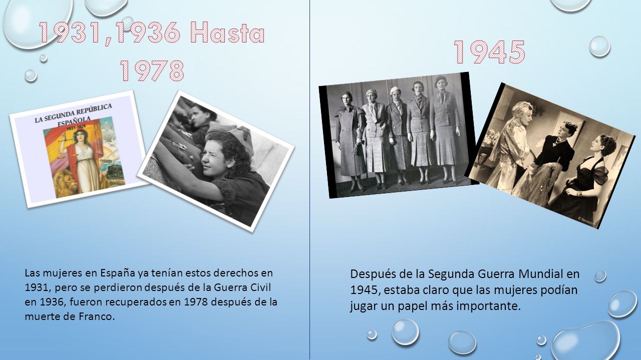 Las mujeres en España ya tenían estos derechos en 1931, pero se perdieron después de la Guerra Civil en 1936, fueron recuperados en 1978 después de la muerte de Franco.