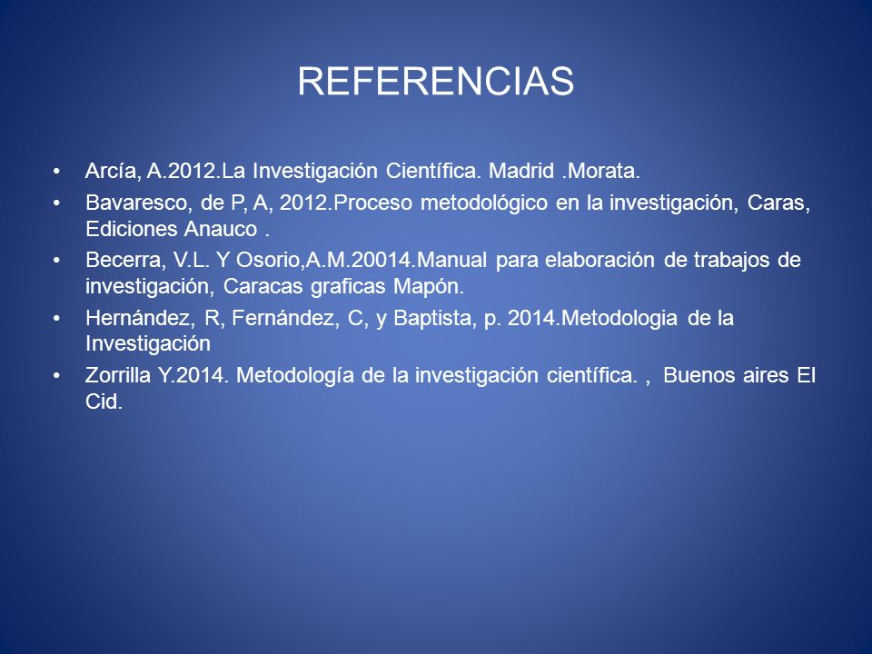 REFERENCIAS Arcía, A.2012.La Investigación Científica.