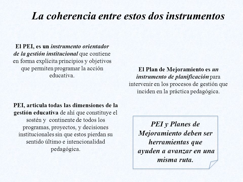 La coherencia entre estos dos instrumentos El Plan de Mejoramiento es un instrumento de planificación para intervenir en los procesos de gestión que inciden en la práctica pedagógica.
