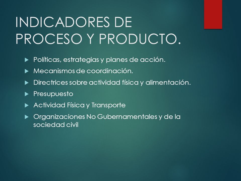 INDICADORES DE PROCESO Y PRODUCTO.  Políticas, estrategias y planes de acción.