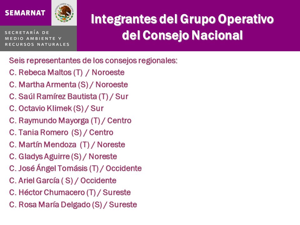 Integrantes del Grupo Operativo del Consejo Nacional Seis representantes de los consejos regionales: C.