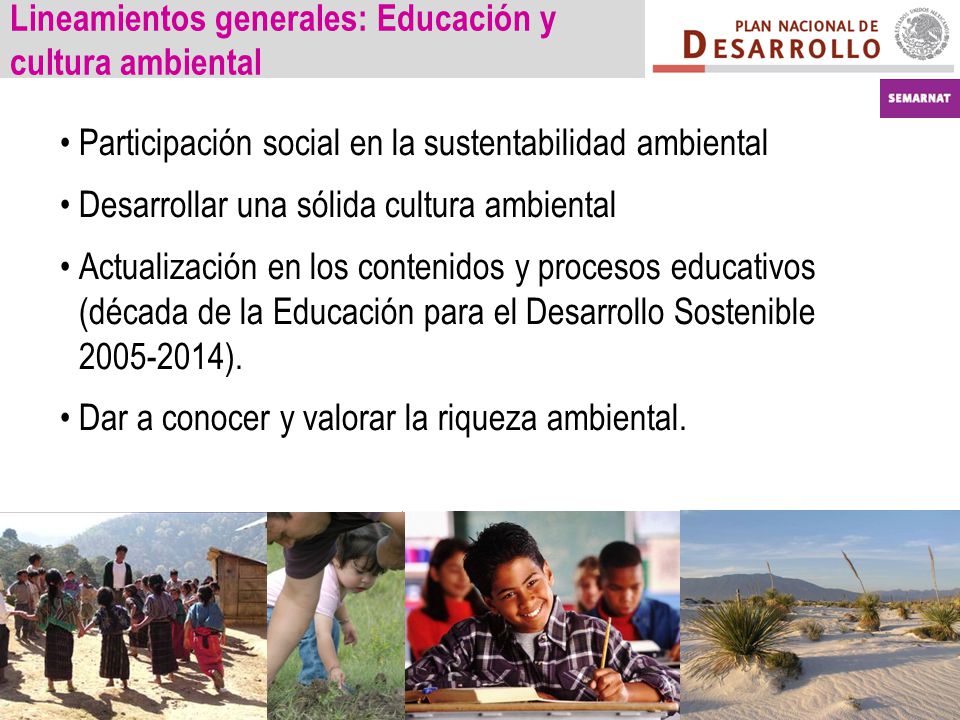 Lineamientos generales: Educación y cultura ambiental Participación social en la sustentabilidad ambiental Desarrollar una sólida cultura ambiental Actualización en los contenidos y procesos educativos (década de la Educación para el Desarrollo Sostenible ).
