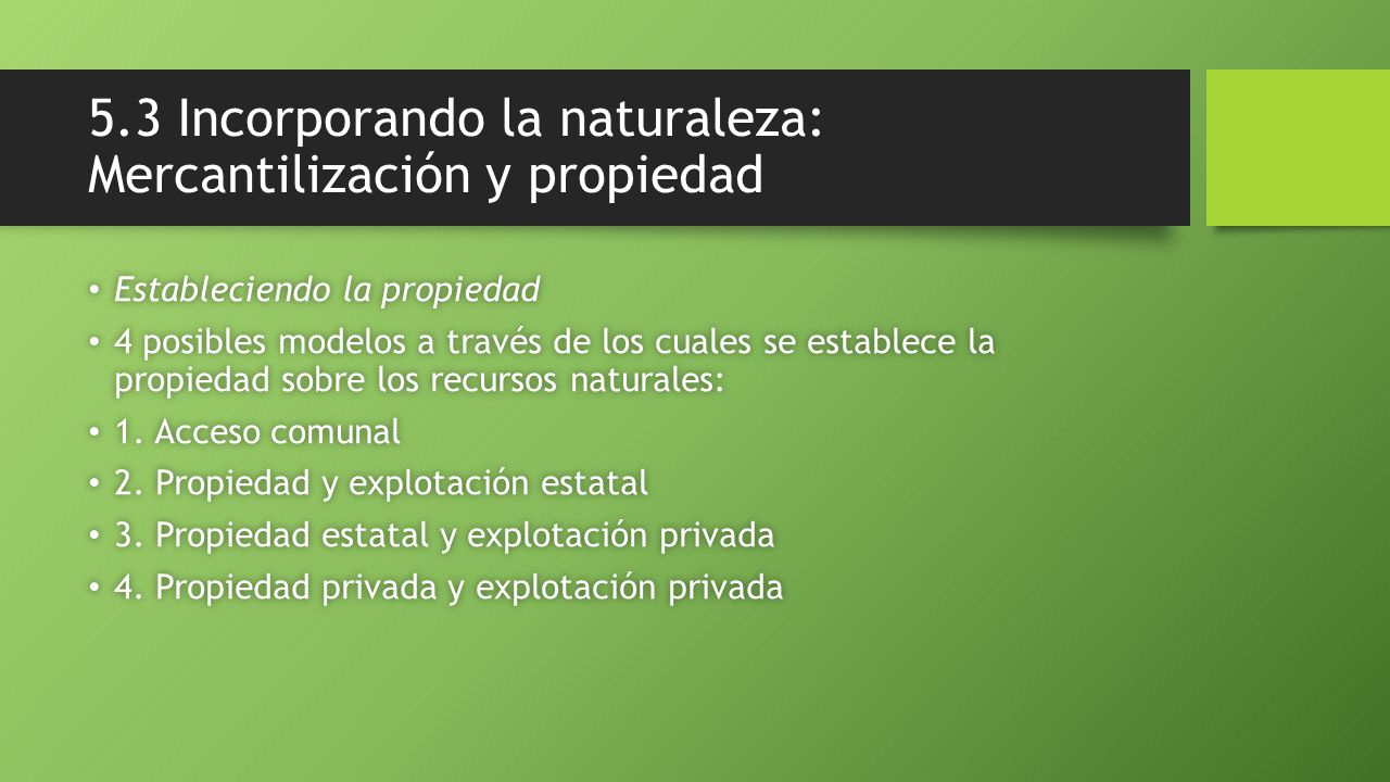 5.3 Incorporando la naturaleza: Mercantilización y propiedad Estableciendo la propiedad Estableciendo la propiedad 4 posibles modelos a través de los cuales se establece la propiedad sobre los recursos naturales: 4 posibles modelos a través de los cuales se establece la propiedad sobre los recursos naturales: 1.