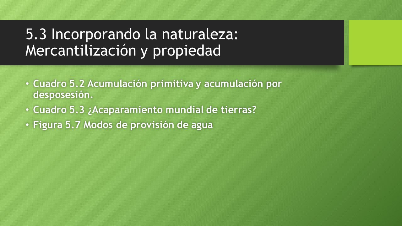 5.3 Incorporando la naturaleza: Mercantilización y propiedad Cuadro 5.2 Acumulación primitiva y acumulación por desposesión.
