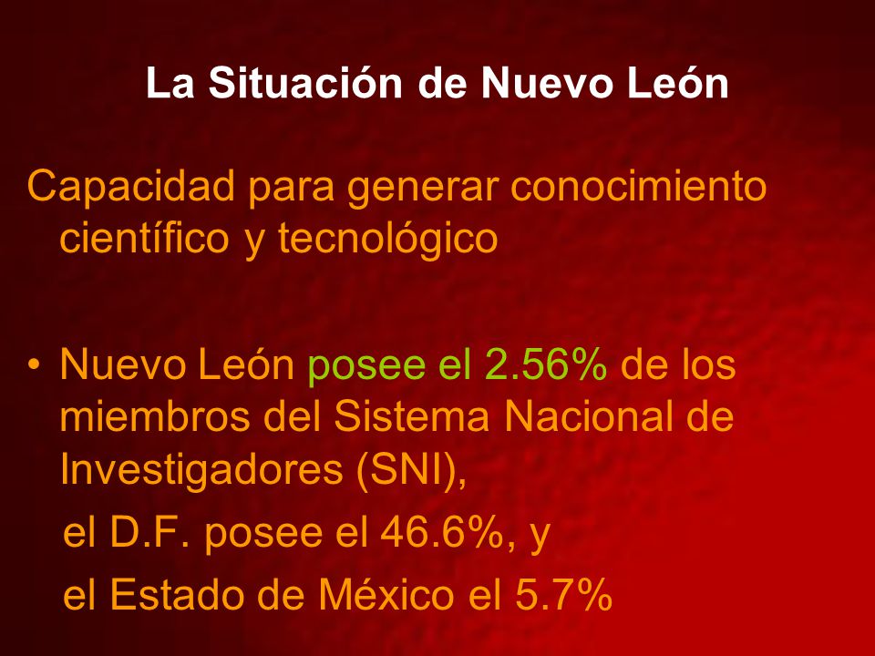La Situación de Nuevo León Capacidad para generar conocimiento científico y tecnológico Nuevo León posee el 2.56% de los miembros del Sistema Nacional de Investigadores (SNI), el D.F.