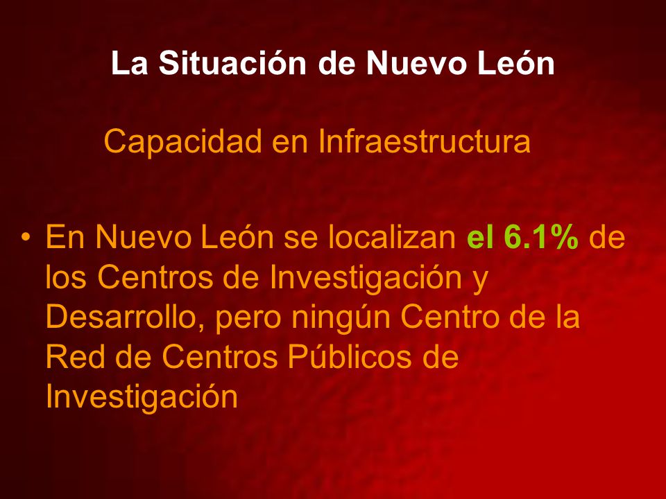 La Situación de Nuevo León Capacidad en Infraestructura En Nuevo León se localizan el 6.1% de los Centros de Investigación y Desarrollo, pero ningún Centro de la Red de Centros Públicos de Investigación