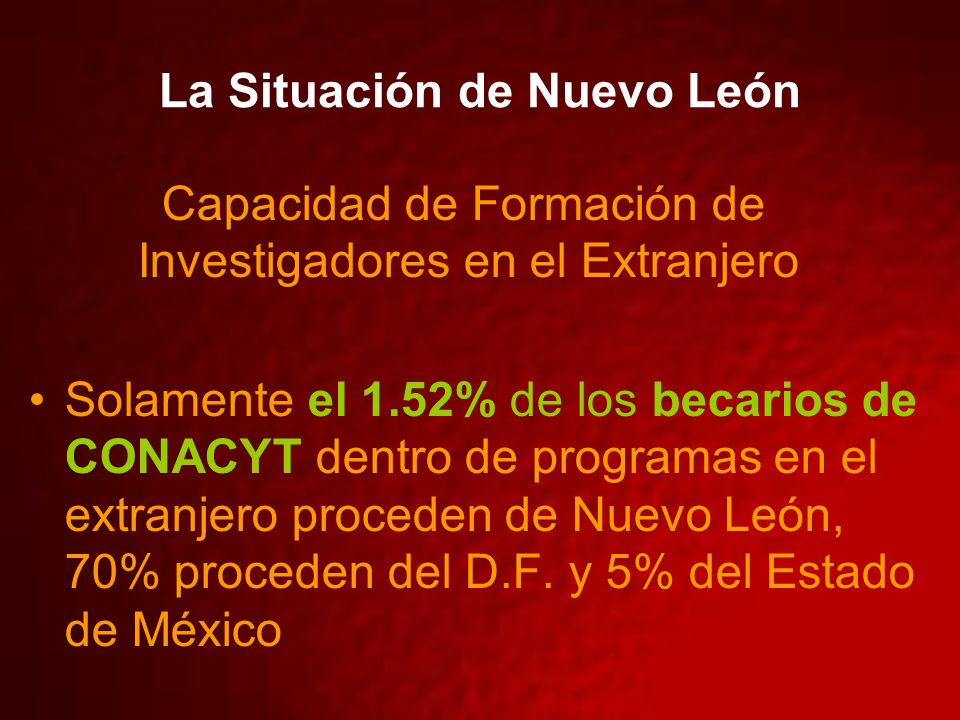 La Situación de Nuevo León Capacidad de Formación de Investigadores en el Extranjero Solamente el 1.52% de los becarios de CONACYT dentro de programas en el extranjero proceden de Nuevo León, 70% proceden del D.F.