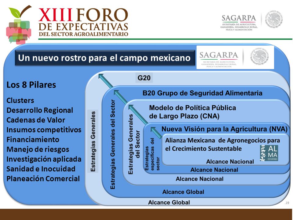 Los 8 Pilares Clusters Desarrollo Regional Cadenas de Valor Insumos competitivos Financiamiento Manejo de riesgos Investigación aplicada Sanidad e Inocuidad Planeación Comercial Un nuevo rostro para el campo mexicano