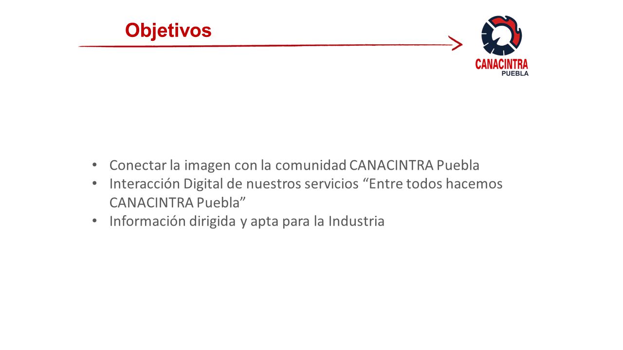 Objetivos Conectar la imagen con la comunidad CANACINTRA Puebla Interacción Digital de nuestros servicios Entre todos hacemos CANACINTRA Puebla Información dirigida y apta para la Industria