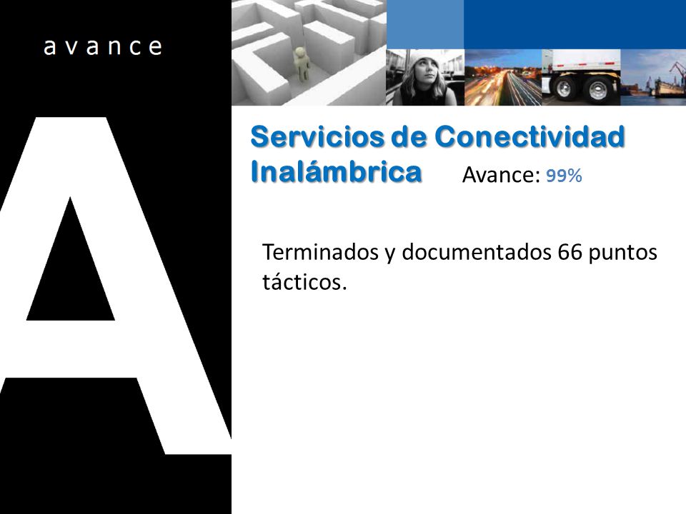 Servicios de Conectividad Inalámbrica Avance: 99% Terminados y documentados 66 puntos tácticos.