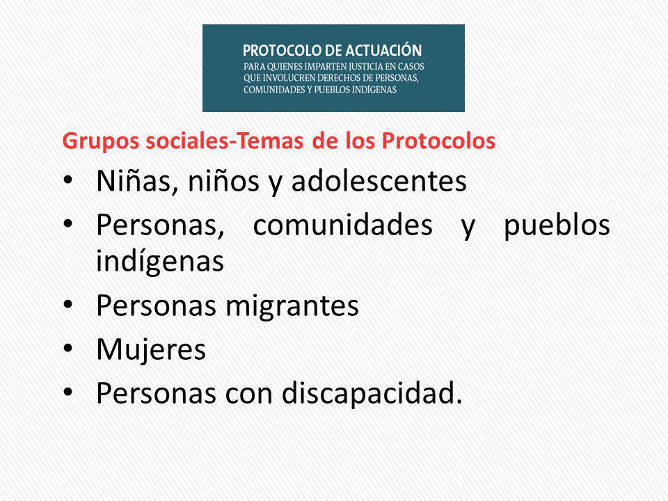 Grupos sociales-Temas de los Protocolos Niñas, niños y adolescentes Personas, comunidades y pueblos indígenas Personas migrantes Mujeres Personas con discapacidad.