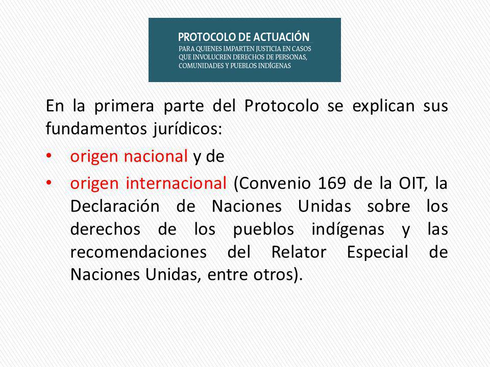 En la primera parte del Protocolo se explican sus fundamentos jurídicos: origen nacional y de origen internacional (Convenio 169 de la OIT, la Declaración de Naciones Unidas sobre los derechos de los pueblos indígenas y las recomendaciones del Relator Especial de Naciones Unidas, entre otros).