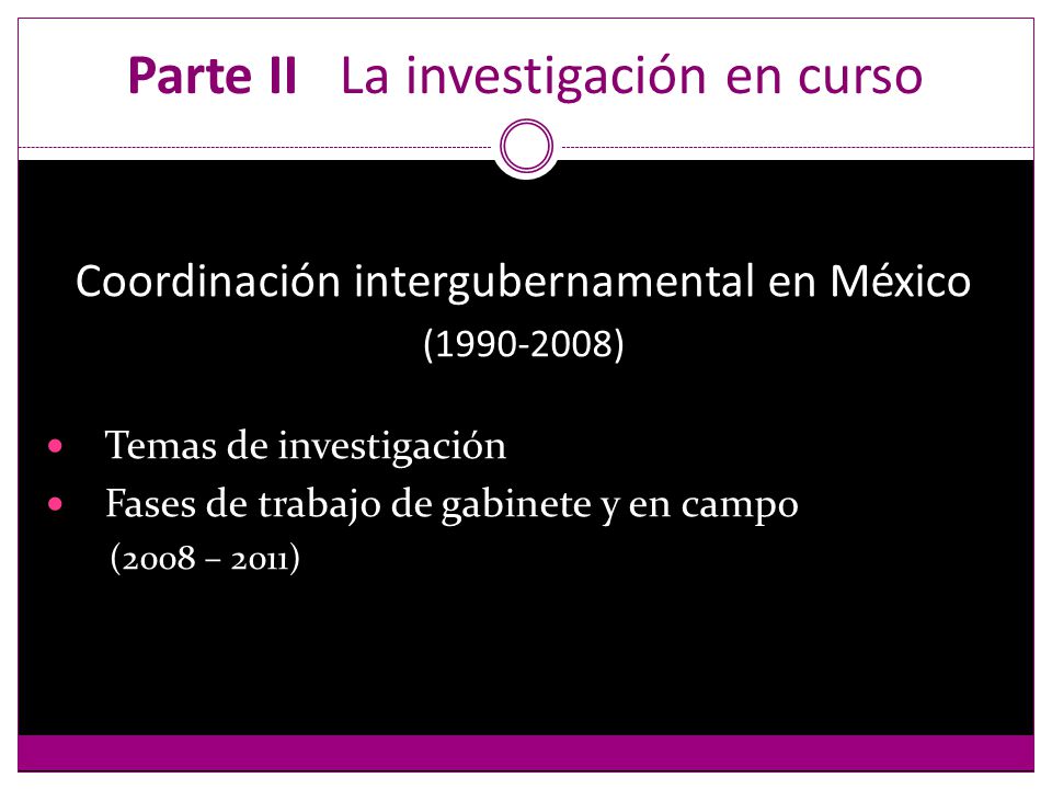 Parte II La investigación en curso Coordinación intergubernamental en México ( ) Temas de investigación Fases de trabajo de gabinete y en campo (2008 – 2011)