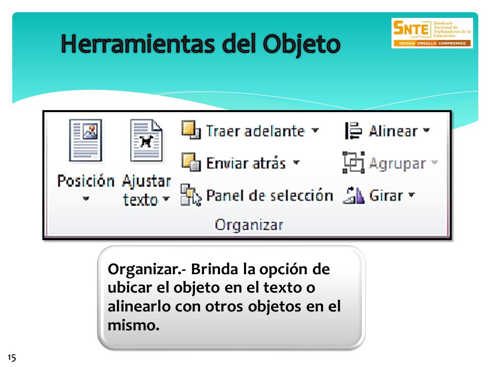 Organizar.- Brinda la opción de ubicar el objeto en el texto o alinearlo con otros objetos en el mismo.