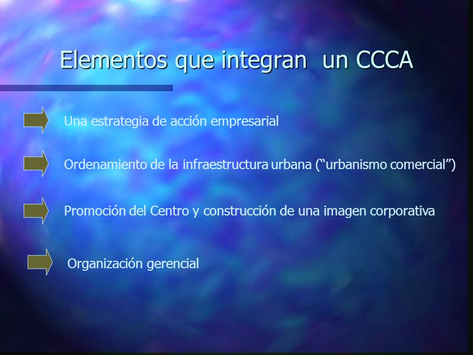 Ordenamiento de la infraestructura urbana (urbanismo comercial) Una estrategia de acción empresarial Promoción del Centro y construcción de una imagen corporativa Organización gerencial Elementos que integran un CCCA