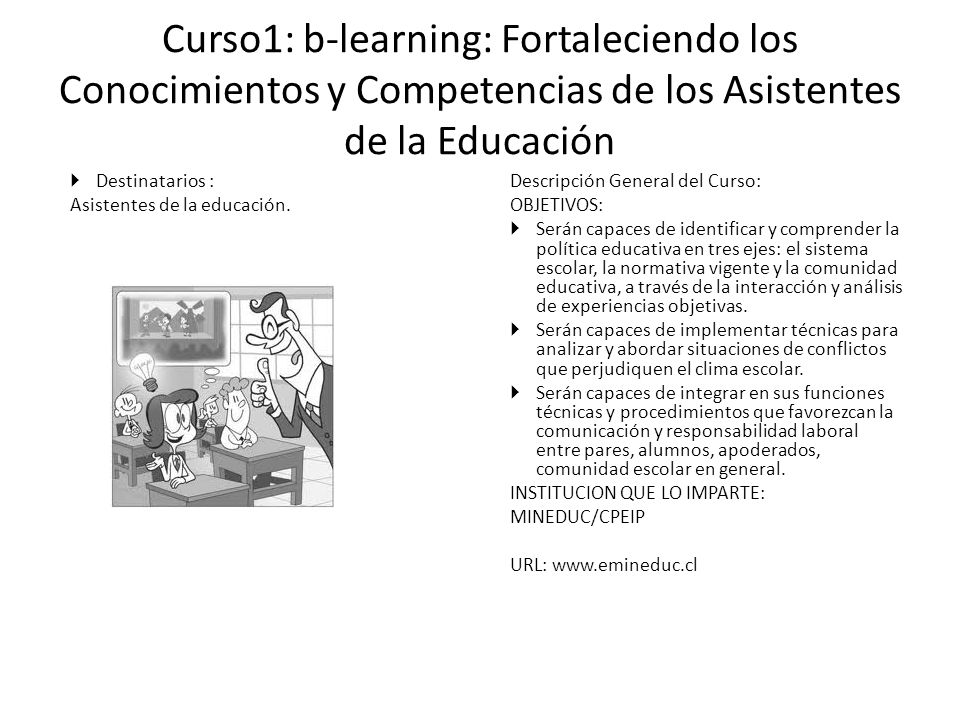 Curso1: b-learning: Fortaleciendo los Conocimientos y Competencias de los Asistentes de la Educación Destinatarios : Asistentes de la educación.