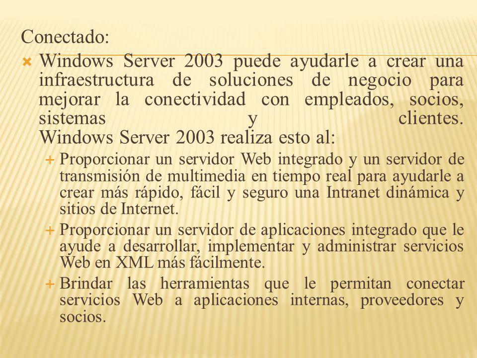 Conectado: Windows Server 2003 puede ayudarle a crear una infraestructura de soluciones de negocio para mejorar la conectividad con empleados, socios, sistemas y clientes.