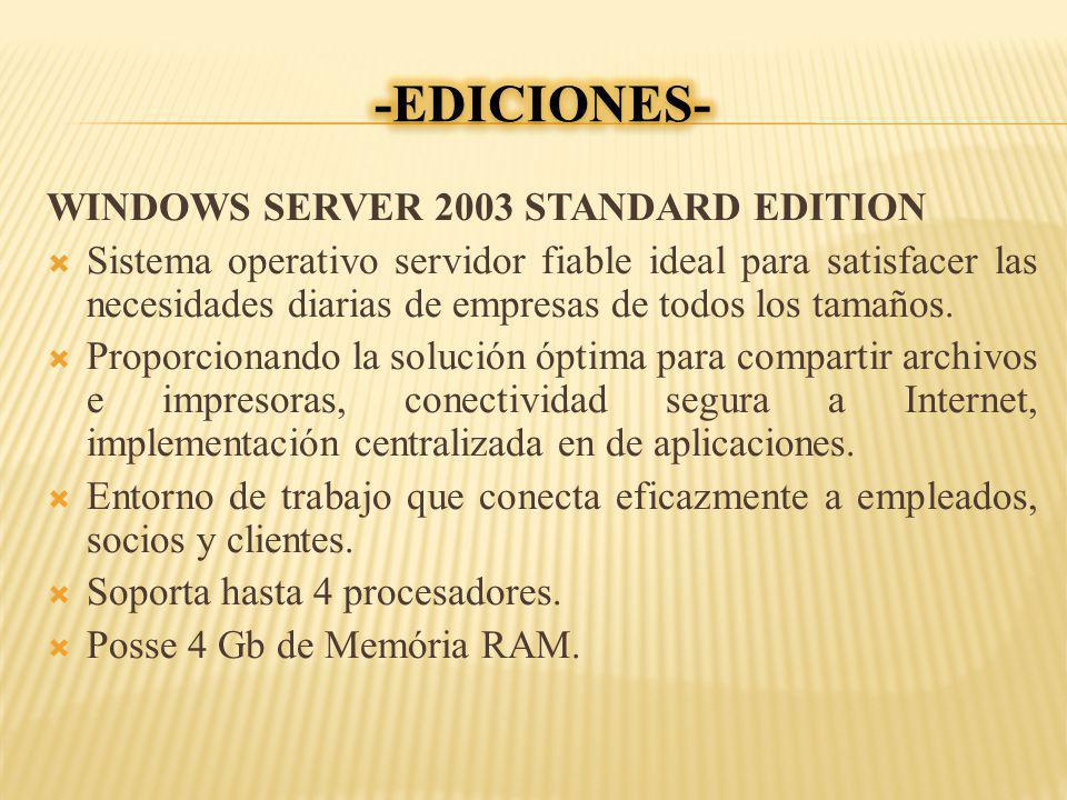 WINDOWS SERVER 2003 STANDARD EDITION Sistema operativo servidor fiable ideal para satisfacer las necesidades diarias de empresas de todos los tamaños.