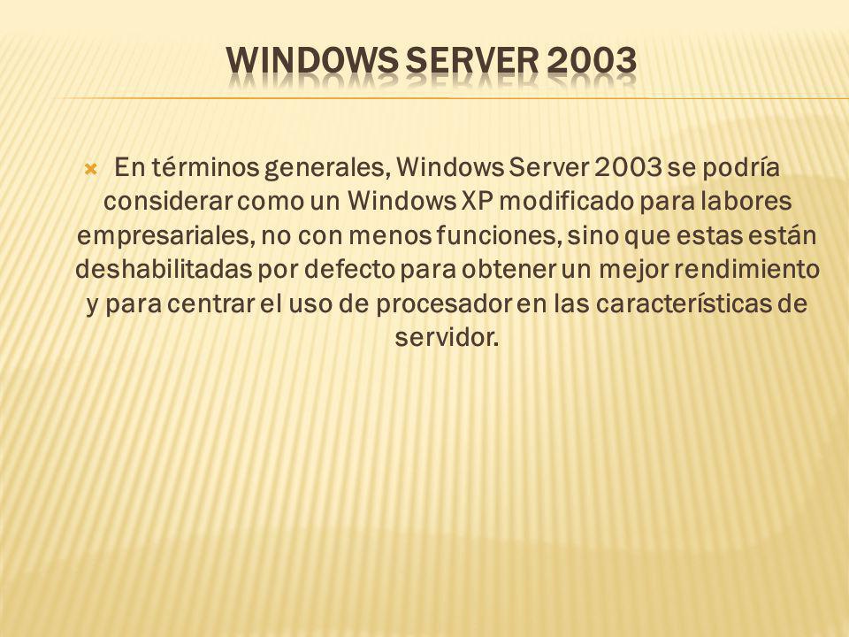 En términos generales, Windows Server 2003 se podría considerar como un Windows XP modificado para labores empresariales, no con menos funciones, sino que estas están deshabilitadas por defecto para obtener un mejor rendimiento y para centrar el uso de procesador en las características de servidor.