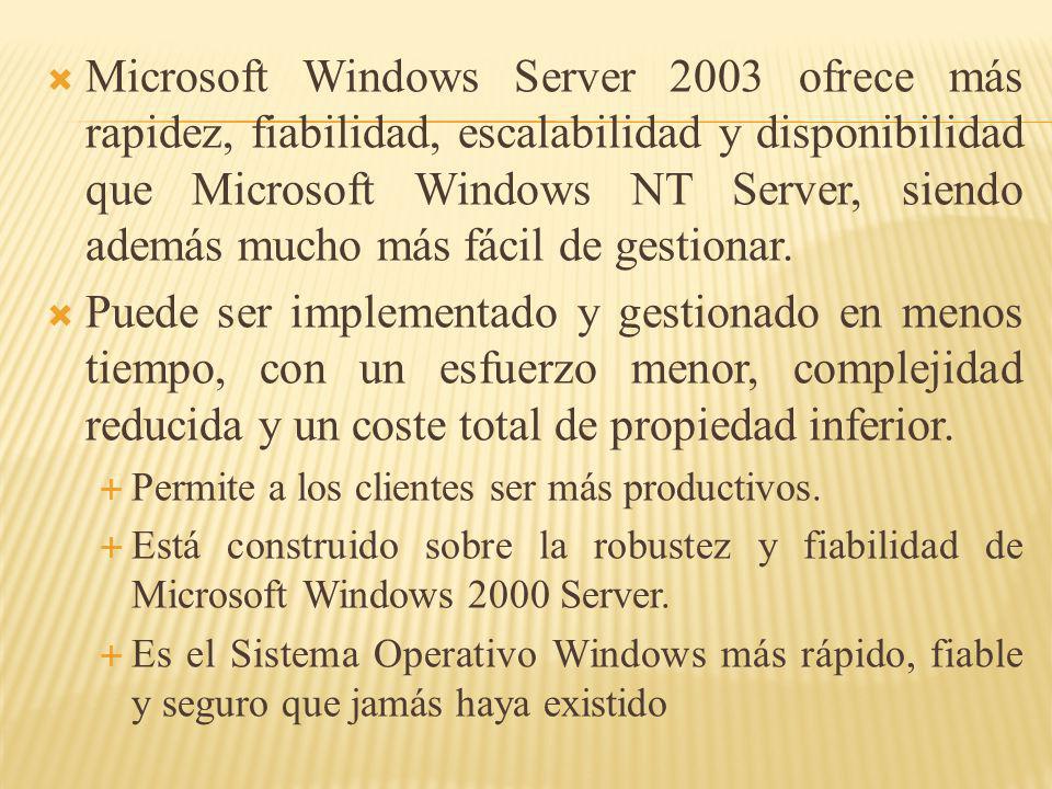 Microsoft Windows Server 2003 ofrece más rapidez, fiabilidad, escalabilidad y disponibilidad que Microsoft Windows NT Server, siendo además mucho más fácil de gestionar.