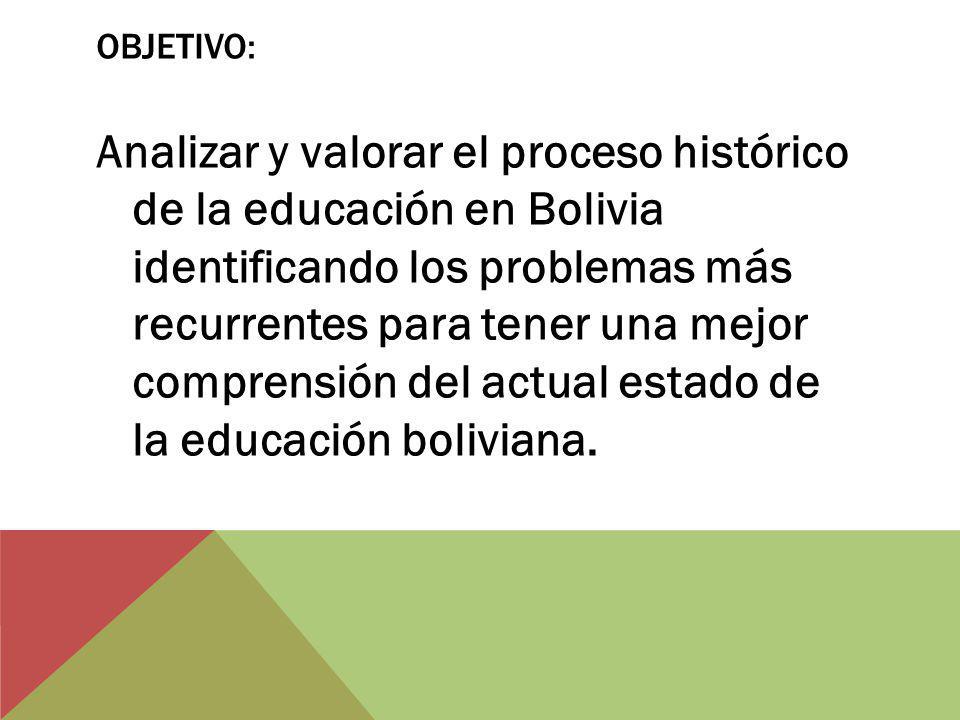 OBJETIVO: Analizar y valorar el proceso histórico de la educación en Bolivia identificando los problemas más recurrentes para tener una mejor comprensión del actual estado de la educación boliviana.