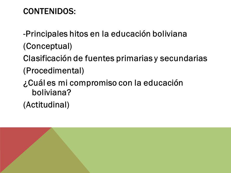 CONTENIDOS: -Principales hitos en la educación boliviana (Conceptual) Clasificación de fuentes primarias y secundarias (Procedimental) ¿Cuál es mi compromiso con la educación boliviana.