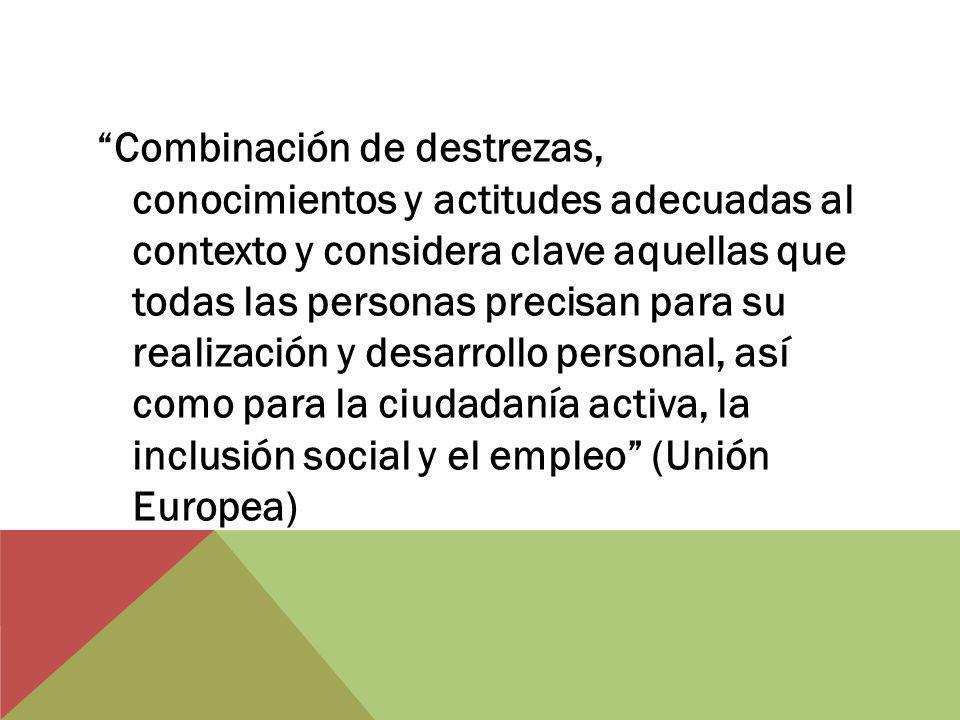 Combinación de destrezas, conocimientos y actitudes adecuadas al contexto y considera clave aquellas que todas las personas precisan para su realización y desarrollo personal, así como para la ciudadanía activa, la inclusión social y el empleo (Unión Europea)