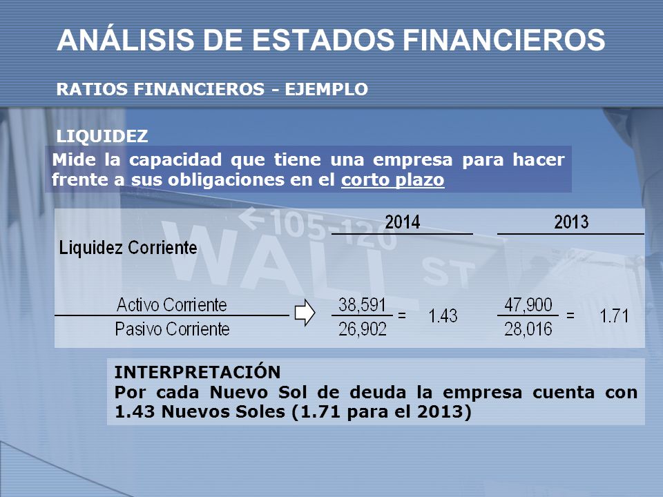 ANÁLISIS DE ESTADOS FINANCIEROS RATIOS FINANCIEROS - EJEMPLO LIQUIDEZ Mide la capacidad que tiene una empresa para hacer frente a sus obligaciones en el corto plazo INTERPRETACIÓN Por cada Nuevo Sol de deuda la empresa cuenta con 1.43 Nuevos Soles (1.71 para el 2013)